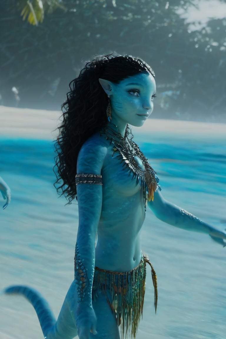 Beautiful na’vi, female, ((Vanessa Hudgens)), aqua skin, young, jewelry, black curly hair, blue eyes, ((beach:background)), ((closeup)), movie scene, freckles, detailed, hdr, high quality, movie still, visible tail, skin detail, ADD MORE DETAIL 