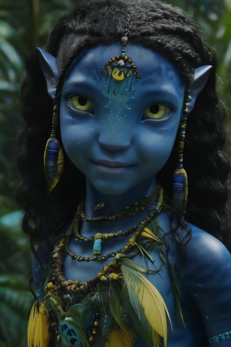 Beautiful na’vi, ((Brooklynn Prince)), dark blue skin, child, young, jewelry, black hair, yellow eyes, earring, ((jungle:background)), ((closeup)), movie scene, freckles, detailed, hdr, high quality, movie still, visible tail, skin detail,ADD MORE DETAIL 