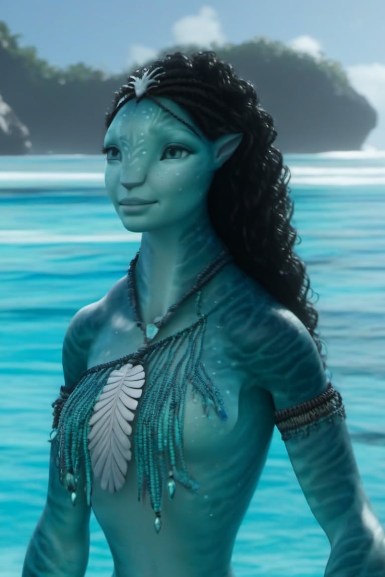 Beautiful na’vi, ((Milly Alcock)), female, aqua skin, black curly hair, jewelry, ((beach:background)), ((closeup)), ((bust)), movie scene, freckles, detailed, hdr, high quality, movie still, visible tail, skin detail, ADD MORE DETAIL