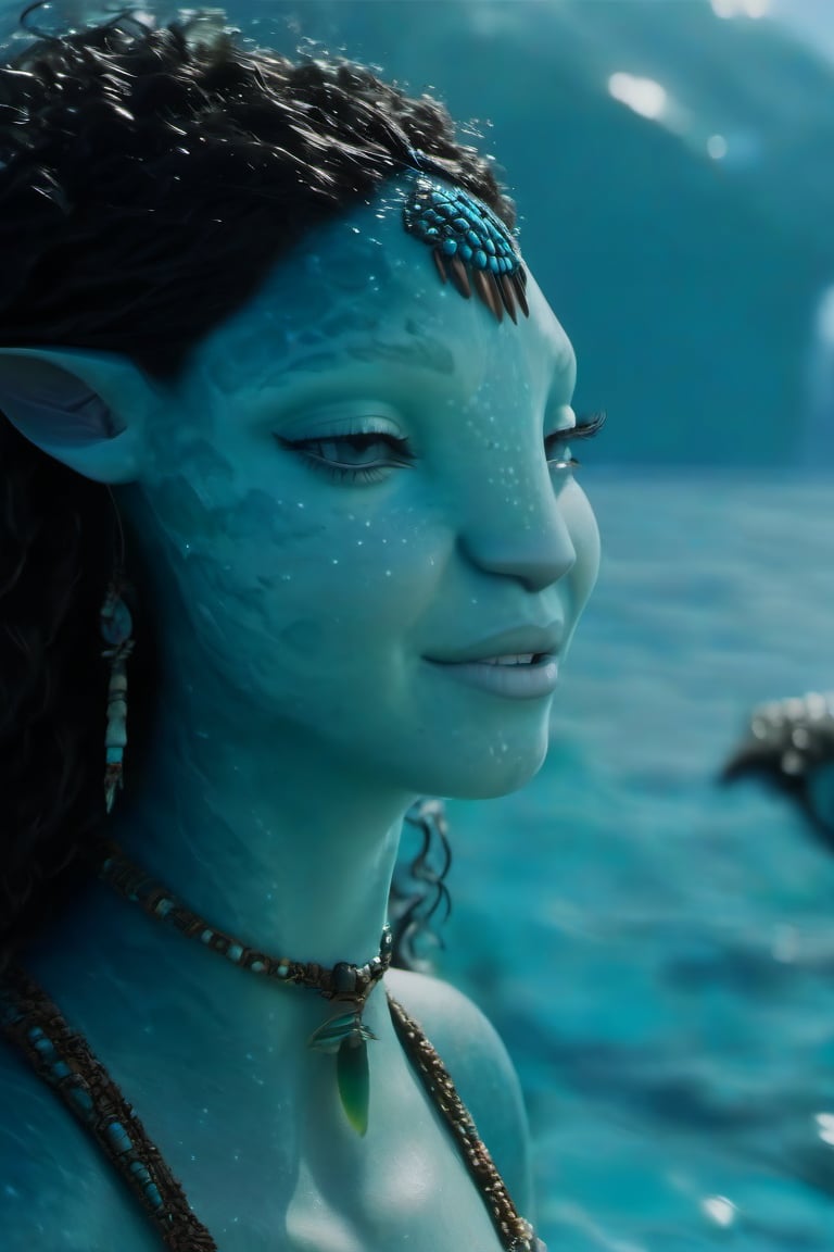 Beautiful na’vi, female, ((Jennifer Stone)), aqua skin, young, jewelry, black curly hair, closed eyes, swimming, ((sea:background)), ((closeup)), movie scene, freckles, detailed, hdr, high quality, movie still, visible tail, skin detail, ADD MORE DETAIL 