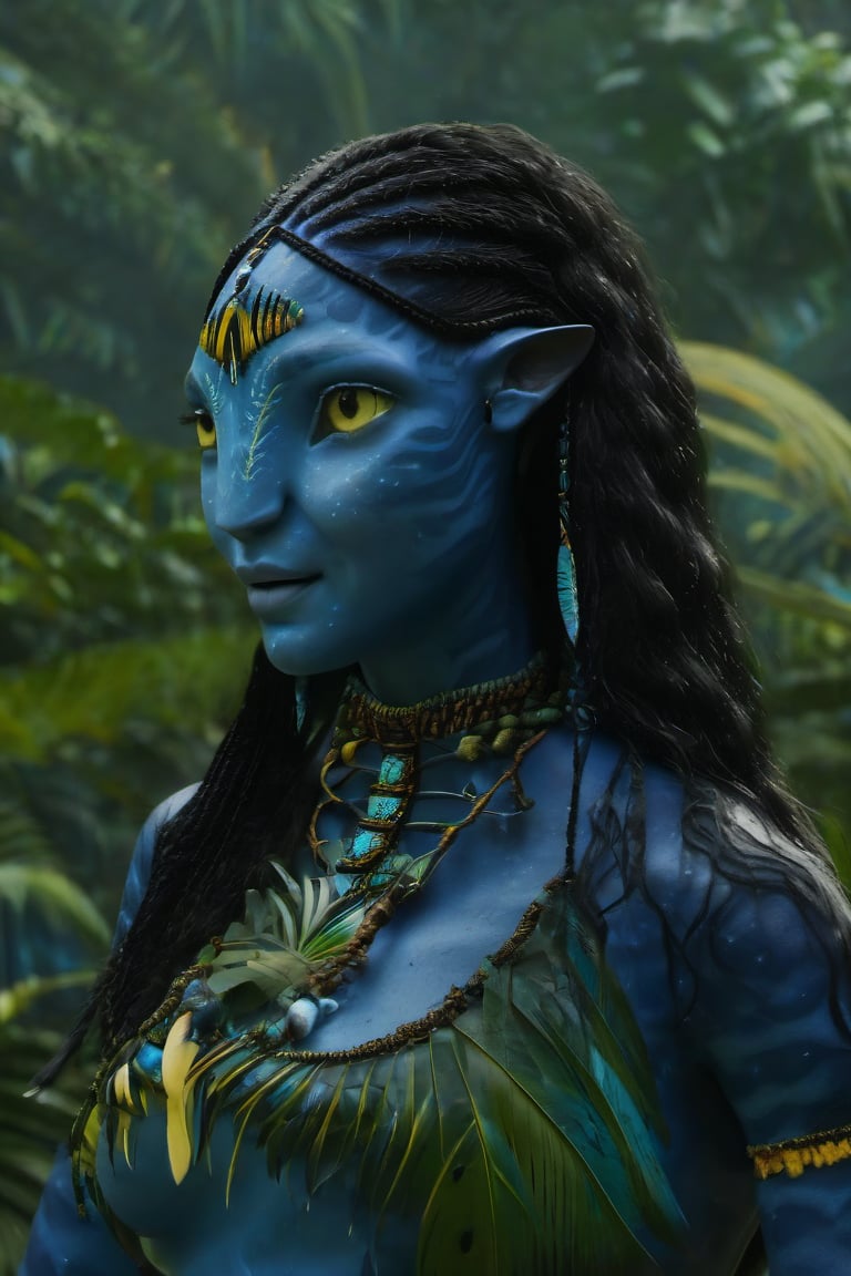 Beautiful na’vi, ((Avantika Vandanapu)), dark blue skin, young, jewelry, long black knotless braids, yellow eyes, earring, ((jungle:background)), ((closeup)), movie scene, freckles, detailed, hdr, high quality, movie still, visible tail, skin detail,ADD MORE DETAIL 