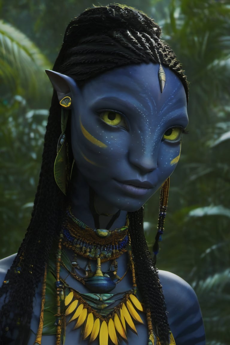 Beautiful na’vi, ((Zoë Kravitz)), ((Neytiri)), ((Neteyam)), female, dark blue skin, young, jewelry, long black braids, yellow eyes, earring, ((jungle:background)), ((closeup)), movie scene, freckles, detailed, hdr, high quality, movie still, visible tail, skin detail,ADD MORE DETAIL 