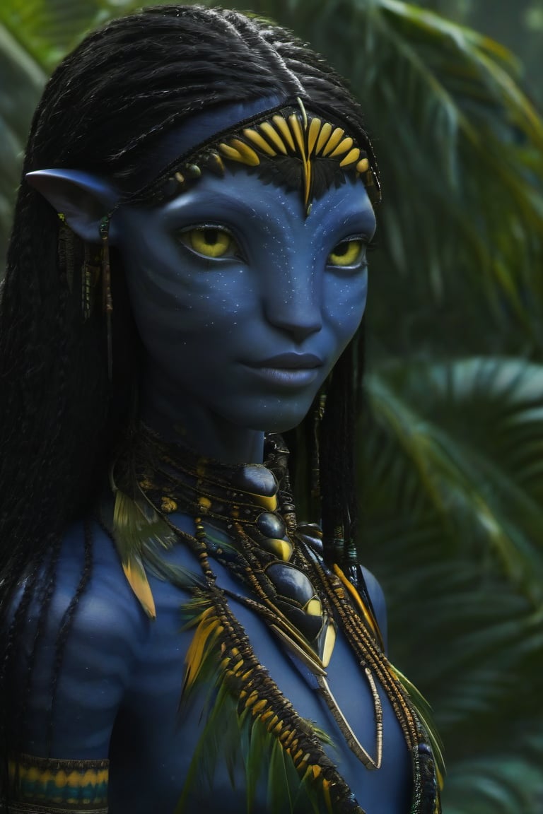 Beautiful na’vi, ((Zoë Kravitz)), ((Neytiri)), female, dark blue skin, young, jewelry, long black hair, yellow eyes, ((jungle:background)), ((closeup)), movie scene, freckles, detailed, hdr, high quality, movie still, visible tail, skin detail,ADD MORE DETAIL 