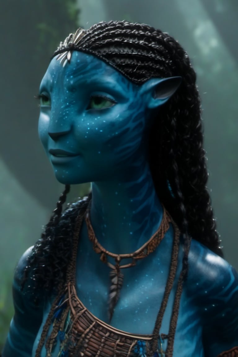 Beautiful na’vi, female, dark blue skin, wooden jewelry, black braids, ((forest:background)), ((closeup)), movie scene, freckles, detailed, hdr, high quality, movie still, visible tail, skin detail,ADD MORE DETAIL 