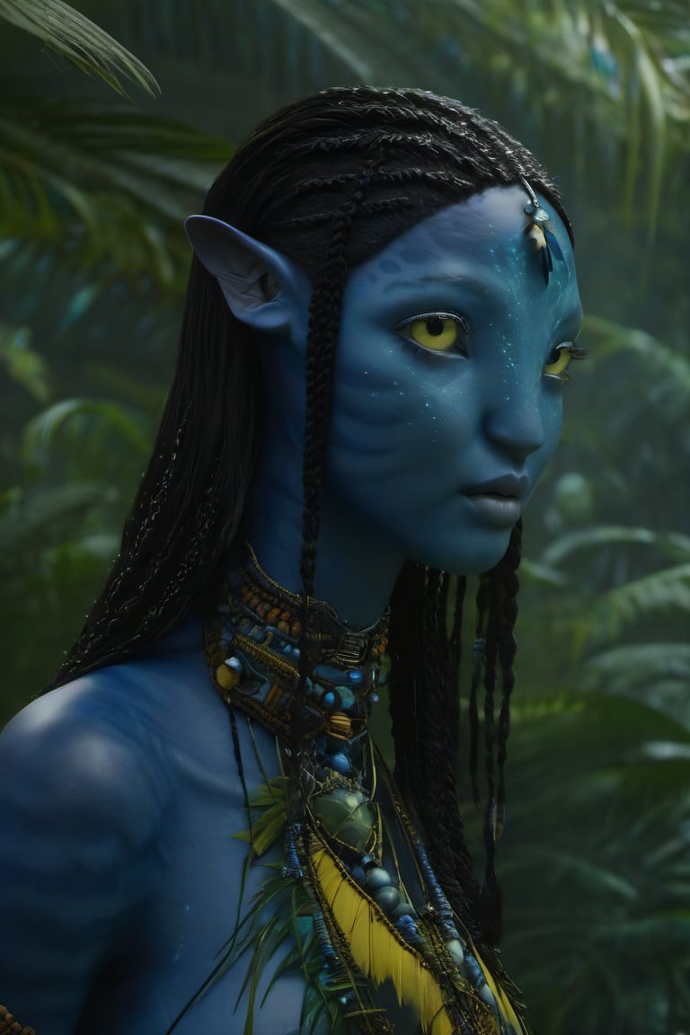 Beautiful na’vi, ((Lee Yoo-mi)), dark blue skin, young, jewelry, long black knotless braids, yellow eyes, earring, ((jungle:background)), ((closeup)), movie scene, freckles, detailed, hdr, high quality, movie still, visible tail, skin detail,ADD MORE DETAIL 