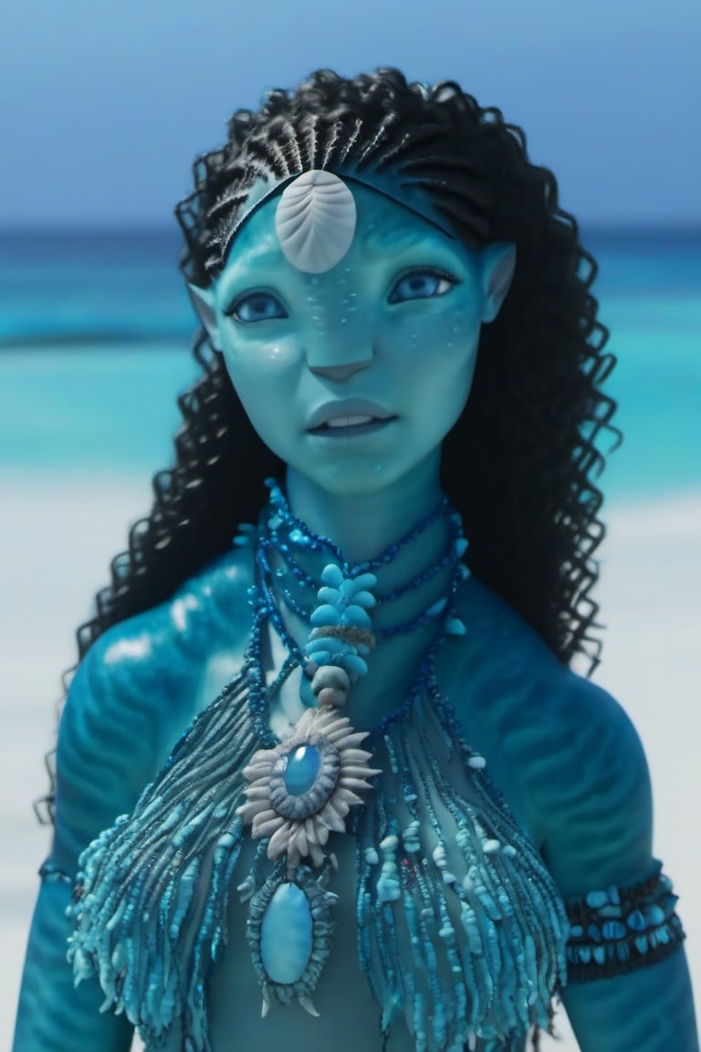 Beautiful na’vi, ((Ronal)), ((Halle Bailey)), female, aqua skin, blue eyes, black curly hair, jewelry, coral headpiece, angry, fangs, ((beach:background)), ((closeup)), ((bust)), movie scene, freckles, detailed, hdr, high quality, movie still, visible tail, skin detail, ADD MORE DETAIL