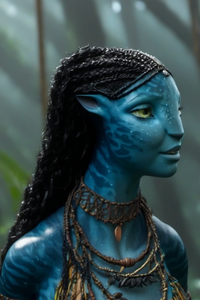 Beautiful na’vi, female, dark blue skin, yellow eyes, wooden jewelry, black braids, ((forest:background)), ((closeup)), movie scene, freckles, detailed, hdr, high quality, movie still, visible tail, skin detail,ADD MORE DETAIL 