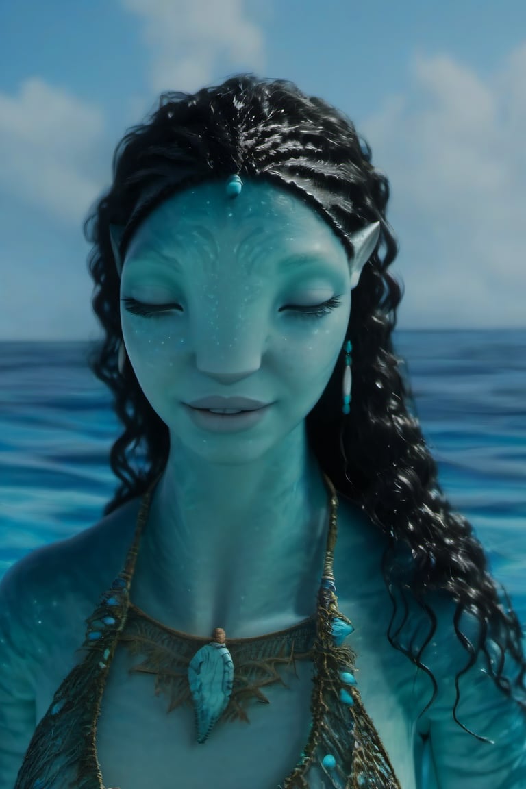 Beautiful na’vi, female, ((Jennifer Stone)), aqua skin, young, jewelry, black curly hair, closed eyes, swimming, ((sea:background)), ((closeup)), movie scene, freckles, detailed, hdr, high quality, movie still, visible tail, skin detail, ADD MORE DETAIL 