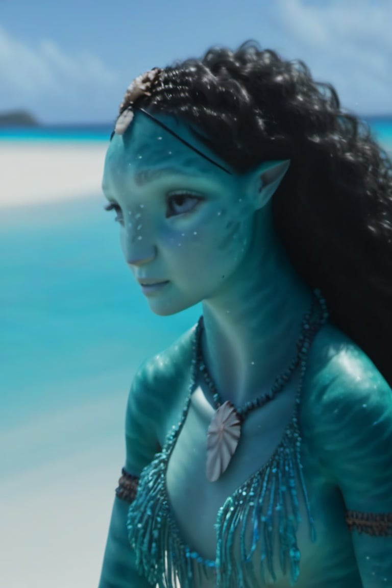 Beautiful na’vi, ((Olivia Cooke)), female, aqua skin, black curly hair, jewelry, ((beach:background)), ((closeup)), ((bust)), movie scene, freckles, detailed, hdr, high quality, movie still, visible tail, skin detail, ADD MORE DETAIL