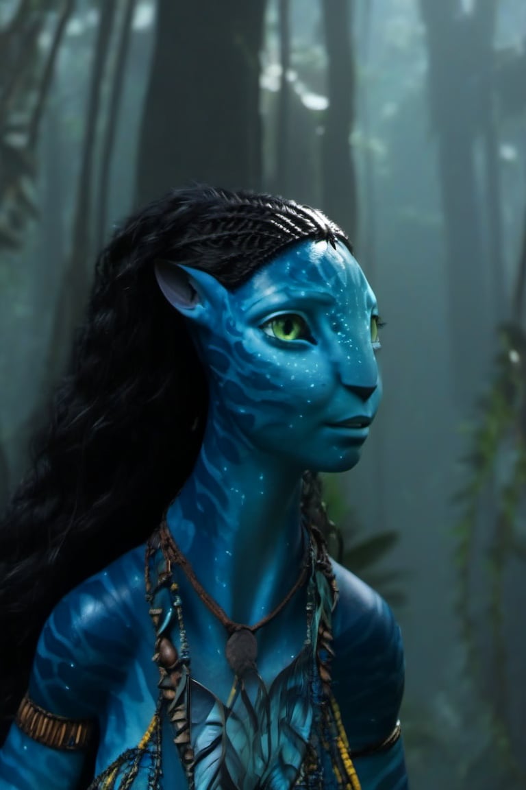 Beautiful na’vi, ((Neytiri)), female, dark blue skin, yellow eyes, wooden jewelry, black hair, ((forest:background)), ((closeup)), movie scene, freckles, detailed, hdr, high quality, movie still, visible tail, long ears, skin detail, ADD MORE DETAIL 