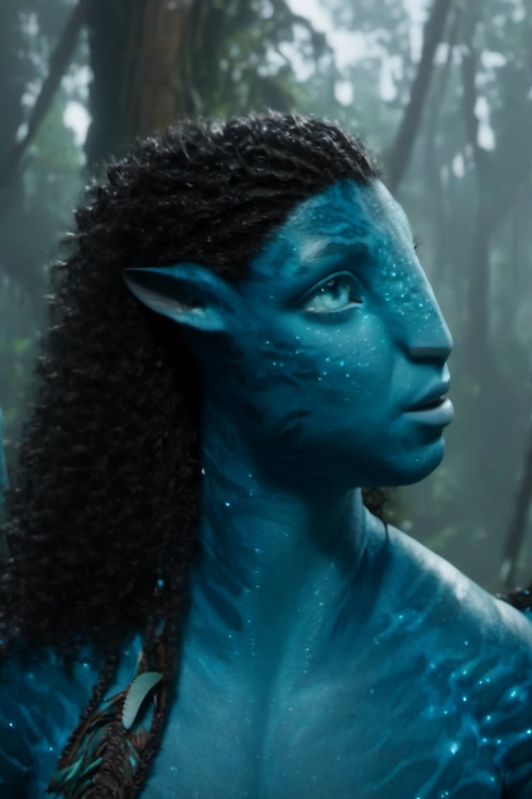 na’vi, ((Michael B. Jordan)), male, blue skin, teal eyes, wooden jewelry, black curly hair, ((forest:background)), ((closeup)), movie scene, freckles, detailed, hdr, high quality, movie still, visible tail, skin detail,ADD MORE DETAIL 