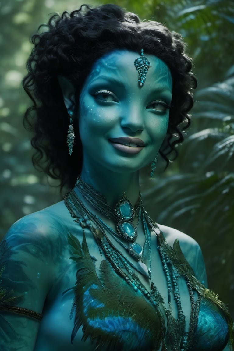 Beautiful na’vi, female, ((Marilyn Monroe)), aqua skin, jewelry, black curly hair, blue eyes, ((forest:background)), ((closeup)), movie scene, freckles, detailed, hdr, high quality, movie still, visible tail, skin detail, ADD MORE DETAIL 