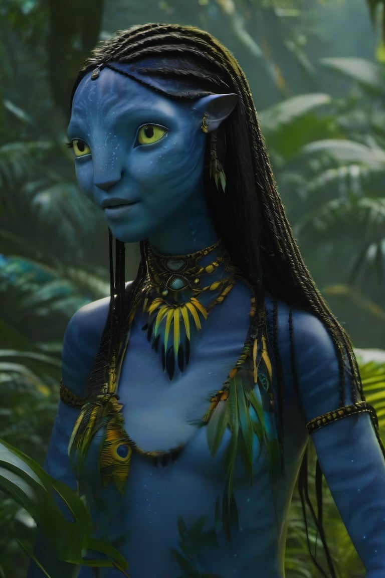 Beautiful na’vi, female, dark blue skin, child, jewelry, long black knotless braids, yellow eyes, earring, ((jungle:background)), ((closeup)), movie scene, freckles, detailed, hdr, high quality, movie still, visible tail, skin detail,ADD MORE DETAIL 