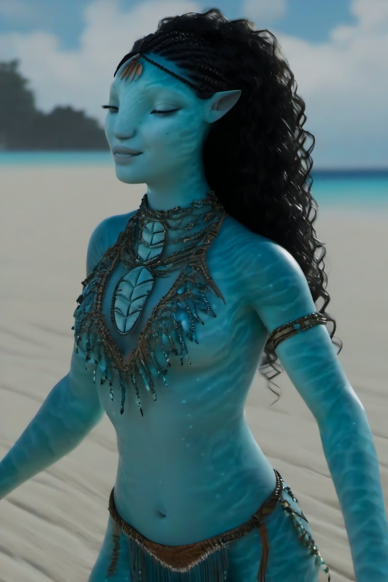 Beautiful na’vi, female, ((Jennifer Stone)), aqua skin, young, jewelry, black curly hair, closed eyes, singing, ((sand:background)), ((closeup)), nighttime, bonfire, movie scene, freckles, detailed, hdr, high quality, movie still, visible tail, skin detail, ADD MORE DETAIL 