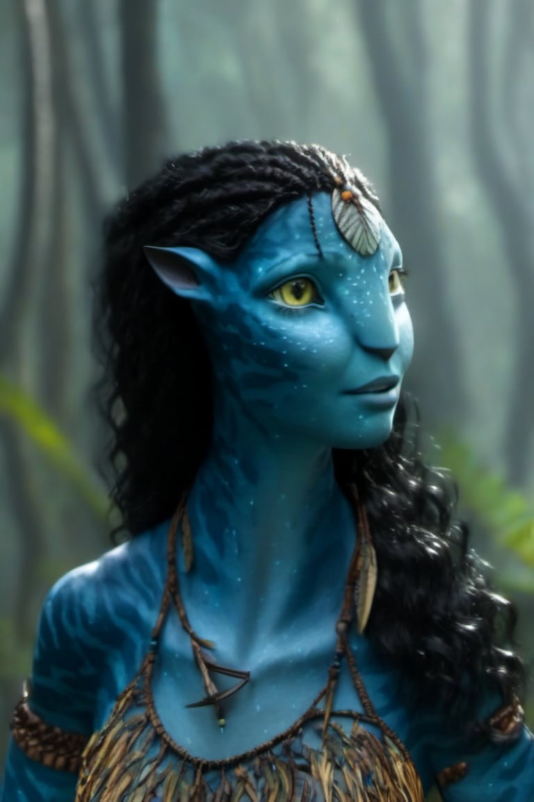 Beautiful na’vi, slim, female, dark blue skin, yellow eyes, wooden jewelry, black hair, ((forest:background)), ((closeup)), movie scene, freckles, detailed, hdr, high quality, movie still, visible tail, long ears, skin detail, ADD MORE DETAIL 