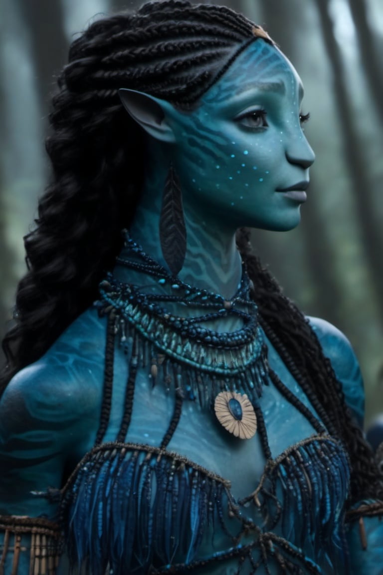 Beautiful na’vi,((Emmy Rossum)), female, dark blue skin, wooden jewelry, black braids, ((forest:background)), ((closeup)), movie scene, freckles, detailed, hdr, high quality, movie still, visible tail, skin detail,ADD MORE DETAIL 