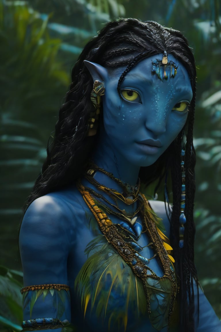 Beautiful na’vi, ((Lee Yoo-mi)), dark blue skin, young, jewelry, long black braids, yellow eyes, earring, ((jungle:background)), ((closeup)), movie scene, freckles, detailed, hdr, high quality, movie still, visible tail, skin detail,ADD MORE DETAIL 