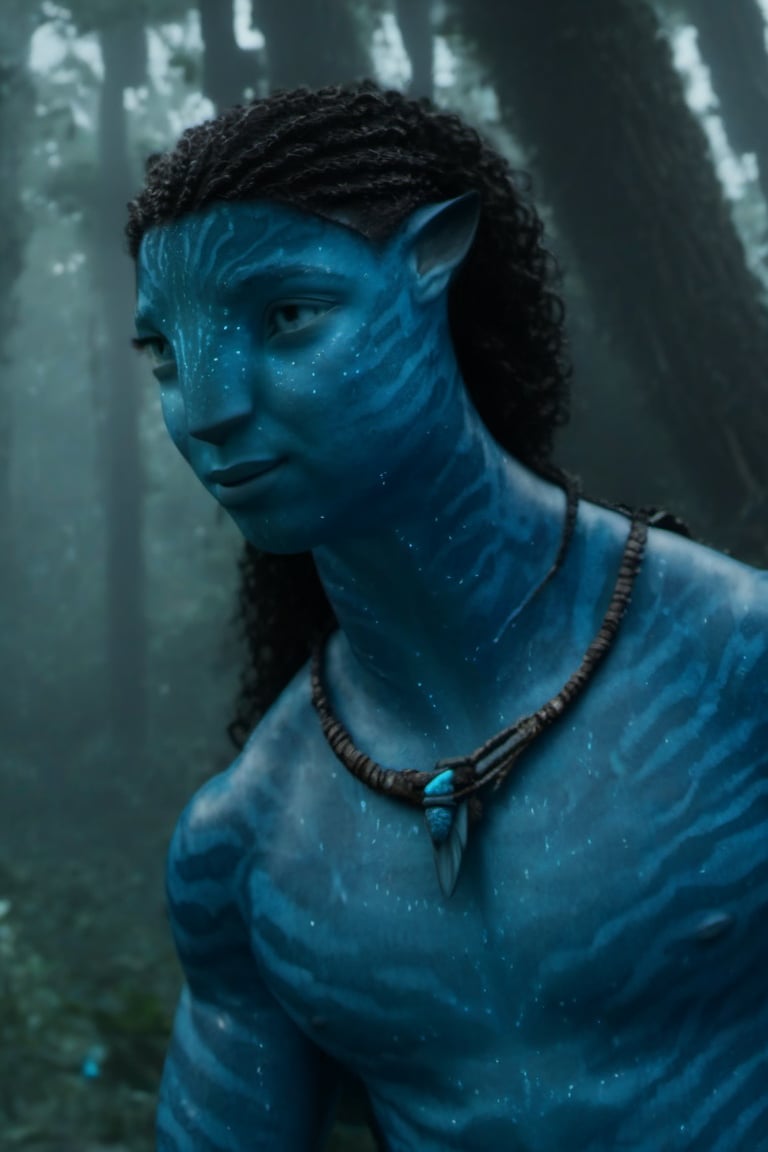 Hansome na’vi, ((Michael B. Jordan)), male, blue skin, aqua eyes, wooden jewelry, black curly hair, ((forest:background)), ((closeup)), movie scene, freckles, detailed, hdr, high quality, movie still, visible tail, skin detail,ADD MORE DETAIL 