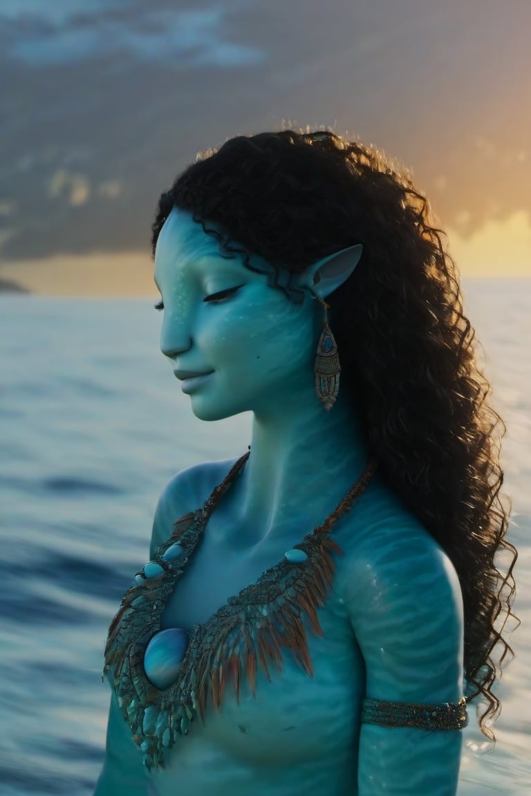 Beautiful na’vi, female, ((Jennifer Stone)), aqua skin, young, jewelry, black curly hair, closed eyes, ((sea:background)), ((closeup)), sunset, movie scene, freckles, detailed, hdr, high quality, movie still, visible tail, skin detail, ADD MORE DETAIL 