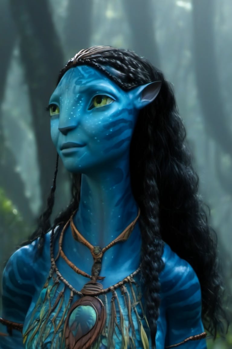 Beautiful na’vi, ((Neytiri)), female, dark blue skin, yellow eyes, wooden jewelry, black hair, ((forest:background)), ((closeup)), movie scene, freckles, detailed, hdr, high quality, movie still, visible tail, long ears, skin detail, ADD MORE DETAIL 