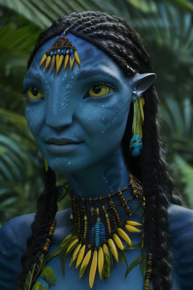 Beautiful na’vi, ((Avantika Vandanapu)), dark blue skin, young, jewelry, long black knotless braids, yellow eyes, earring, ((jungle:background)), ((closeup)), movie scene, freckles, detailed, hdr, high quality, movie still, visible tail, skin detail,ADD MORE DETAIL 