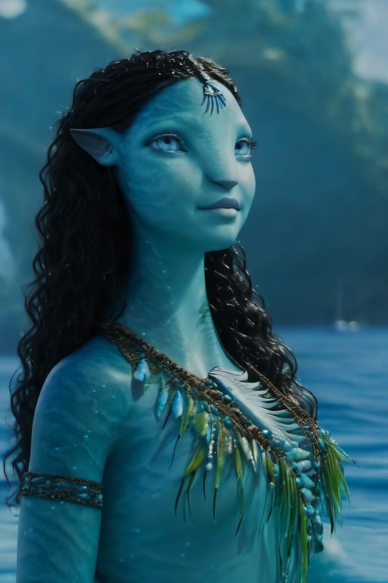 Beautiful na’vi, female, ((Jennifer Stone)), aqua skin, young, jewelry, black curly hair, blue eyes, ((sea:background)), ((closeup)), movie scene, freckles, detailed, hdr, high quality, movie still, visible tail, skin detail, ADD MORE DETAIL 