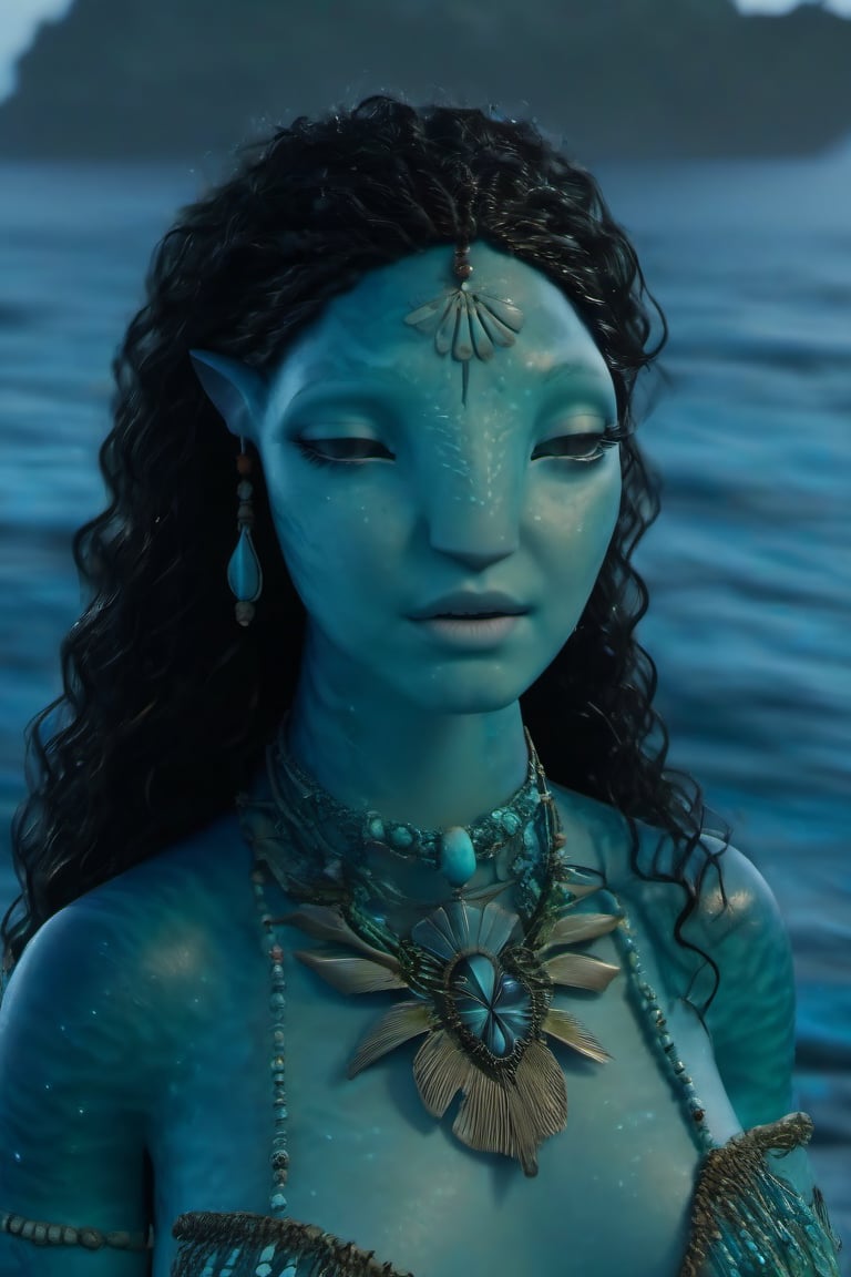 Beautiful na’vi, female, ((Jennifer Stone)), aqua skin, young, jewelry, black curly hair, closed eyes, ((sea:background)), ((closeup)), night, movie scene, freckles, detailed, hdr, high quality, movie still, visible tail, skin detail, ADD MORE DETAIL 