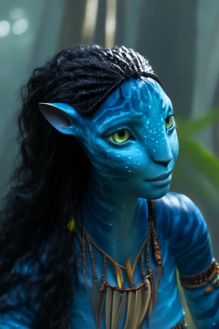 Beautiful na’vi, ((Neytiri)), female, dark blue skin, yellow eyes, wooden jewelry, black hair, ((forest:background)), ((closeup)), movie scene, freckles, detailed, hdr, high quality, movie still, visible tail, long ears, skin detail, ADD MORE DETAIL 