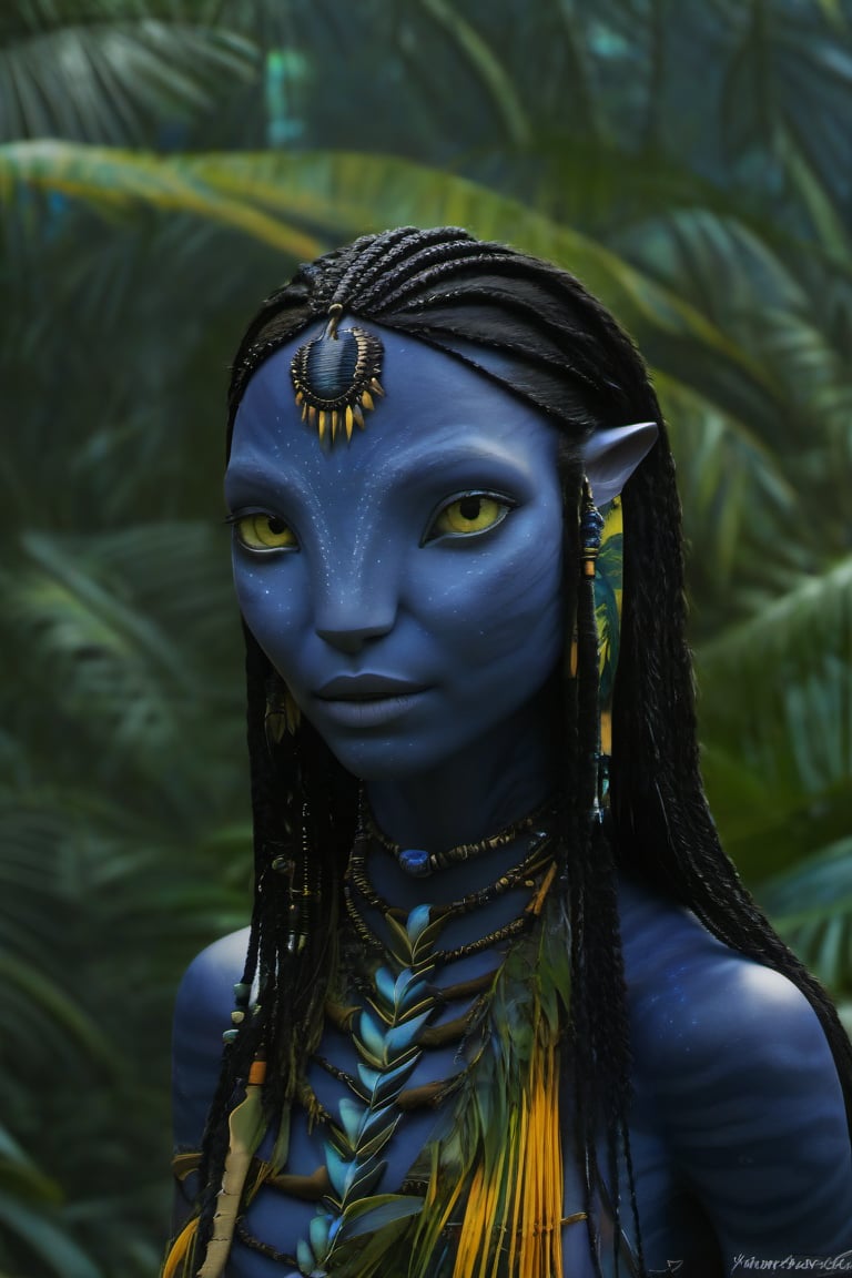 Beautiful na’vi, ((Zoë Kravitz)), ((Neytiri)), female, dark blue skin, young, jewelry, long black hair, yellow eyes, ((jungle:background)), ((closeup)), movie scene, freckles, detailed, hdr, high quality, movie still, visible tail, skin detail,ADD MORE DETAIL 