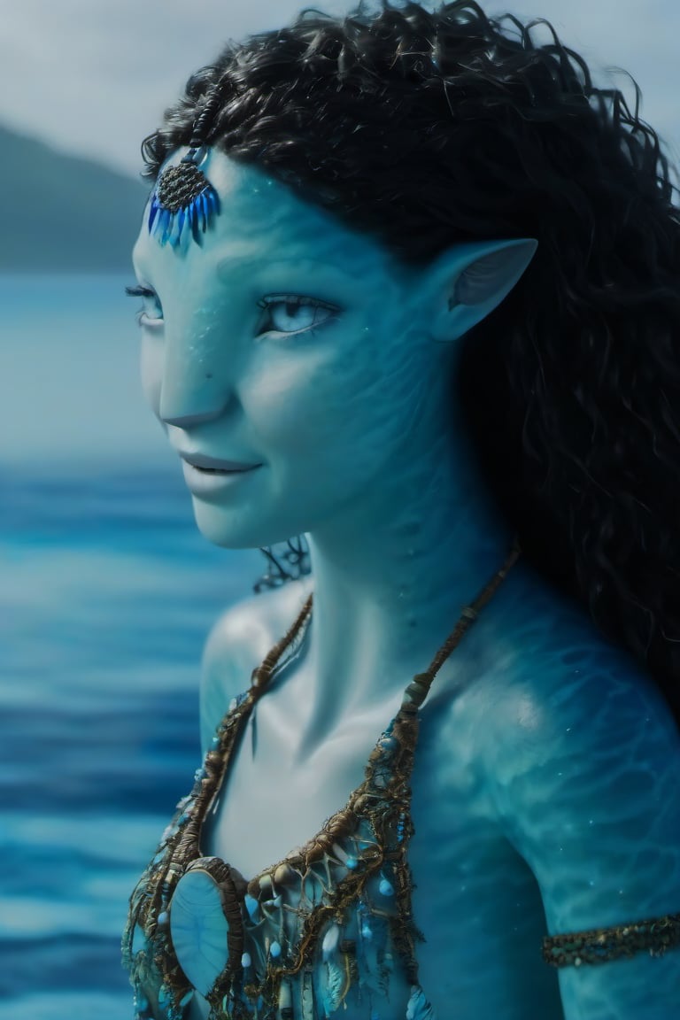 Beautiful na’vi, female, ((Jennifer Stone)), aqua skin, young, jewelry, black curly hair, blue eyes, ((sea:background)), ((closeup)), movie scene, freckles, detailed, hdr, high quality, movie still, visible tail, skin detail, ADD MORE DETAIL 