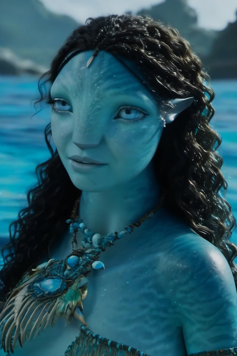 Beautiful na’vi, female, ((Jennifer Stone)), aqua skin, young, jewelry, black curly hair, blue eyes, ((sea:background)), ((closeup)), movie scene, freckles, detailed, hdr, high quality, movie still, visible tail, skin detail, ADD MORE DETAIL 