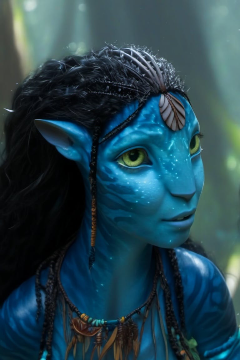 Beautiful na’vi, ((Neytiri)), female, dark blue skin, yellow eyes, wooden jewelry, black hair, ((forest:background)), ((closeup)), movie scene, freckles, detailed, hdr, high quality, movie still, visible tail, long ears, skin detail, ADD MORE DETAIL 