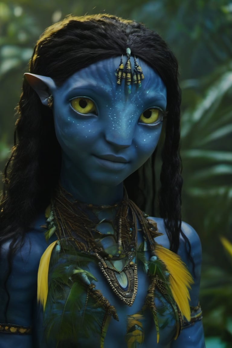 Beautiful na’vi, female, dark blue skin, child, jewelry, black hair, yellow eyes, earring, ((jungle:background)), ((closeup)), movie scene, freckles, detailed, hdr, high quality, movie still, visible tail, skin detail,ADD MORE DETAIL 