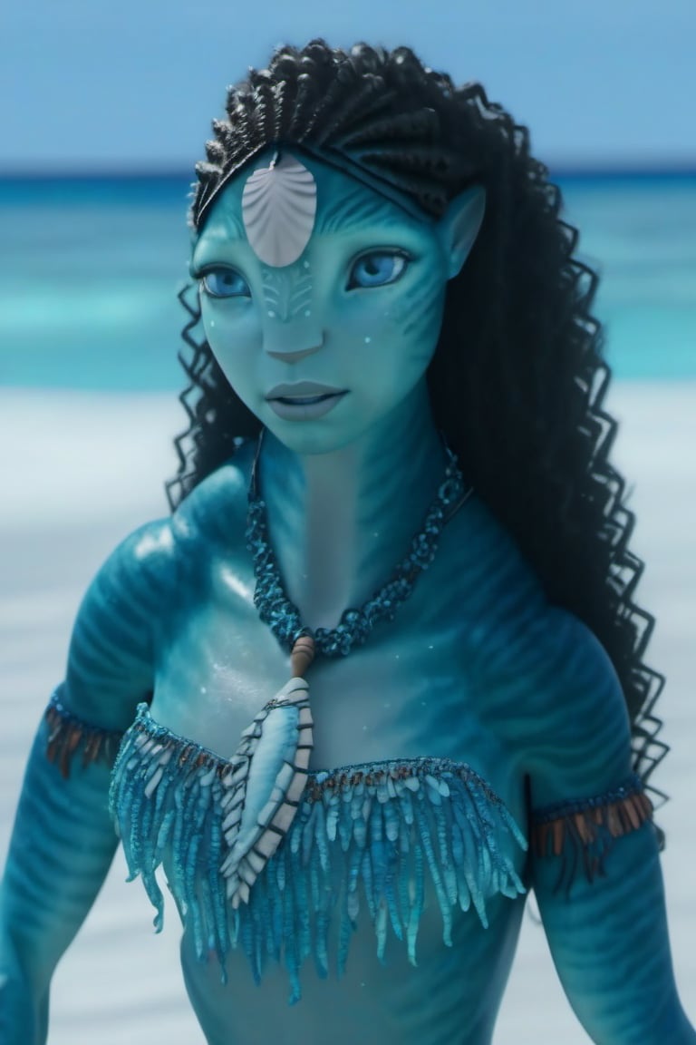 Beautiful na’vi, ((Ronal)), ((Halle Bailey)), female, aqua skin, blue eyes, black curly hair, jewelry, coral headpiece, angry, snarl, (( beach:background)), ((closeup)), ((bust)), movie scene, freckles, detailed, hdr, high quality, movie still, visible tail, skin detail, ADD MORE DETAIL