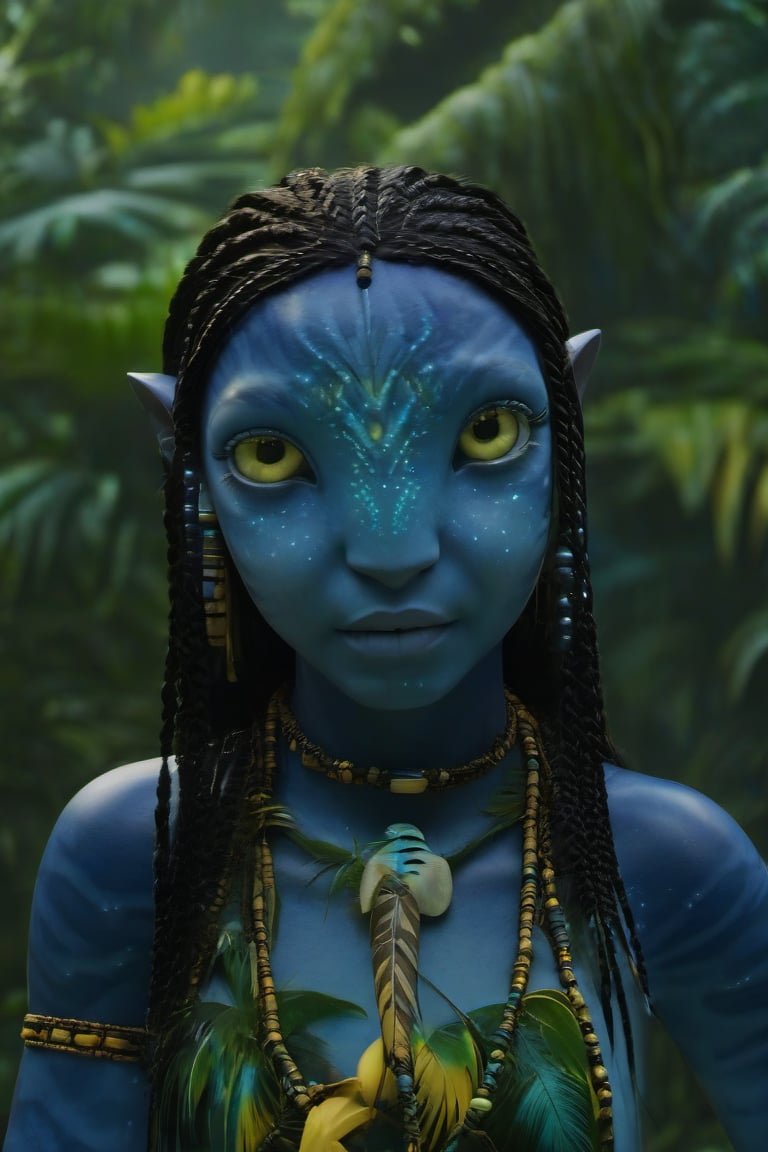 Beautiful na’vi, ((Jennifer Stone)), dark blue skin, child, jewelry, long black knotless braids, yellow eyes, earring, ((jungle:background)), ((closeup)), movie scene, freckles, detailed, hdr, high quality, movie still, visible tail, skin detail,ADD MORE DETAIL 