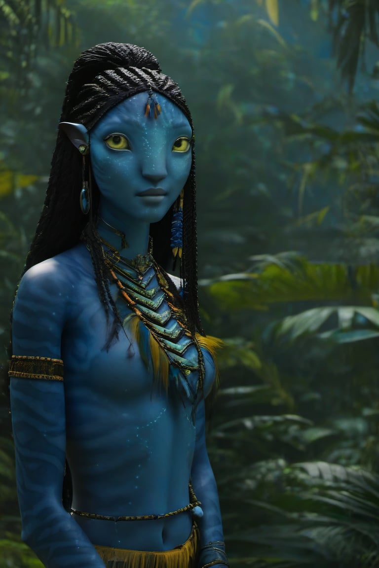 Beautiful na’vi, ((Lee Yoo-mi)), dark blue skin, young, jewelry, long black braids, yellow eyes, earring, ((jungle:background)), ((closeup)), movie scene, freckles, detailed, hdr, high quality, movie still, visible tail, skin detail,ADD MORE DETAIL 