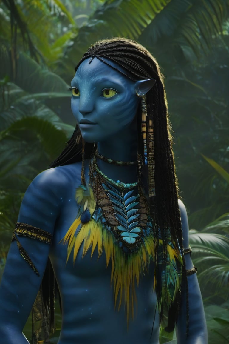 Beautiful na’vi, ((Jennifer Stone)), dark blue skin, young, jewelry, long black knotless braids, yellow eyes, earring, ((jungle:background)), ((closeup)), movie scene, freckles, detailed, hdr, high quality, movie still, visible tail, skin detail,ADD MORE DETAIL 