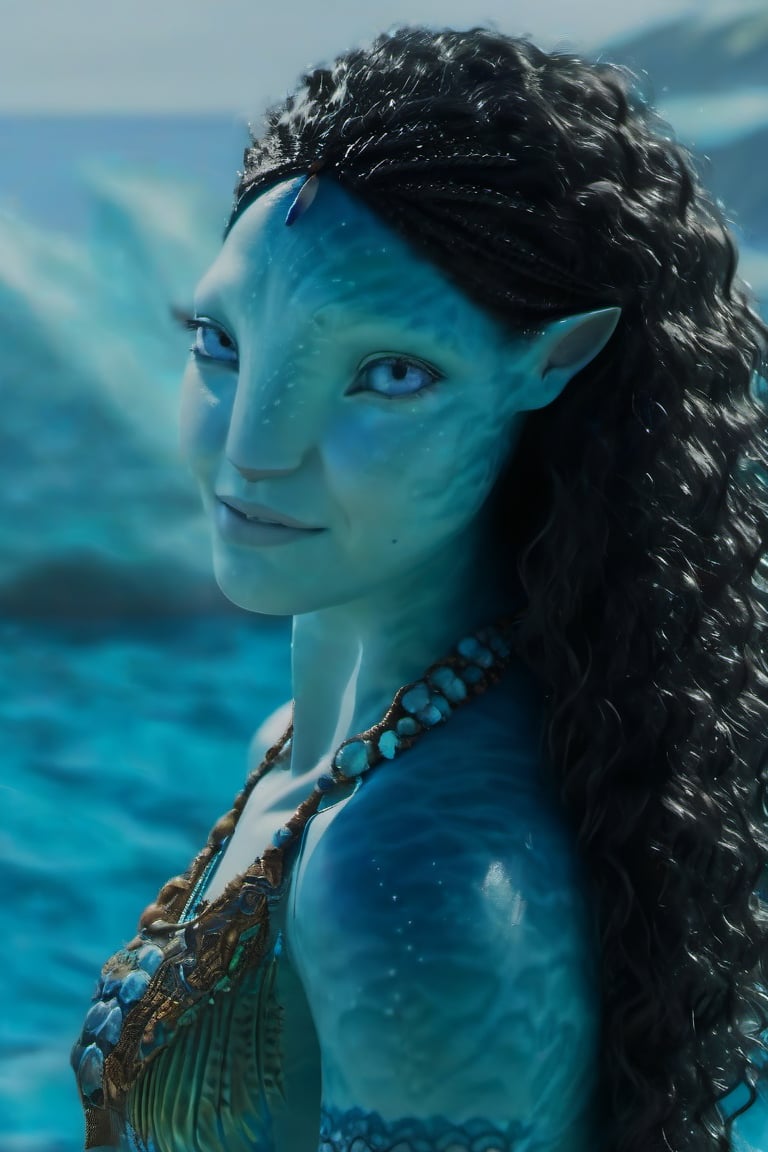 Beautiful na’vi, female, ((Jennifer Stone)), aqua skin, young, jewelry, black curly hair, blue eyes, ((sea:background)), ((tulkun:in background)), ((closeup)), movie scene, freckles, detailed, hdr, high quality, movie still, visible tail, skin detail, ADD MORE DETAIL 