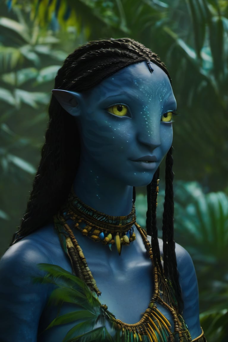 Beautiful na’vi, ((Jennifer Stone)), dark blue skin, young, jewelry, long black knotless braids, yellow eyes, earring, ((jungle:background)), ((closeup)), movie scene, freckles, detailed, hdr, high quality, movie still, visible tail, skin detail,ADD MORE DETAIL 