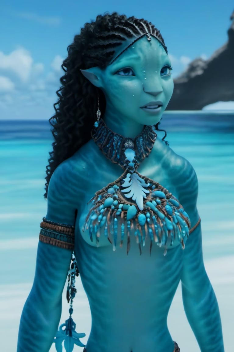 Beautiful na’vi, ((Ronal)), ((Halle Bailey)), female, aqua skin, blue eyes, black curly hair, jewelry, coral headpiece, angry, fangs, ((beach:background)), ((closeup)), ((bust)), movie scene, freckles, detailed, hdr, high quality, movie still, visible tail, skin detail, ADD MORE DETAIL