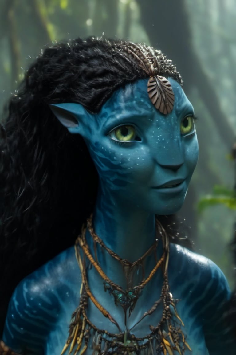 Beautiful na’vi, slim, female, dark blue skin, yellow eyes, wooden jewelry, black hair, ((forest:background)), ((closeup)), movie scene, freckles, detailed, hdr, high quality, movie still, visible tail, long ears, skin detail, ADD MORE DETAIL 