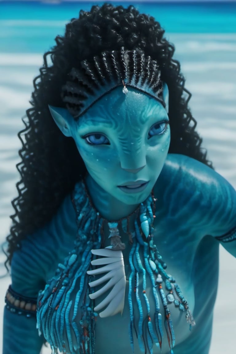 Beautiful na’vi, ((Ronal)), ((Halle Bailey)), female, aqua skin, blue eyes, black curly hair, jewelry, coral headpiece, angry, fangs, ((beach:background)), ((closeup)), ((bust)), movie scene, freckles, detailed, hdr, high quality, movie still, visible tail, skin detail, ADD MORE DETAIL