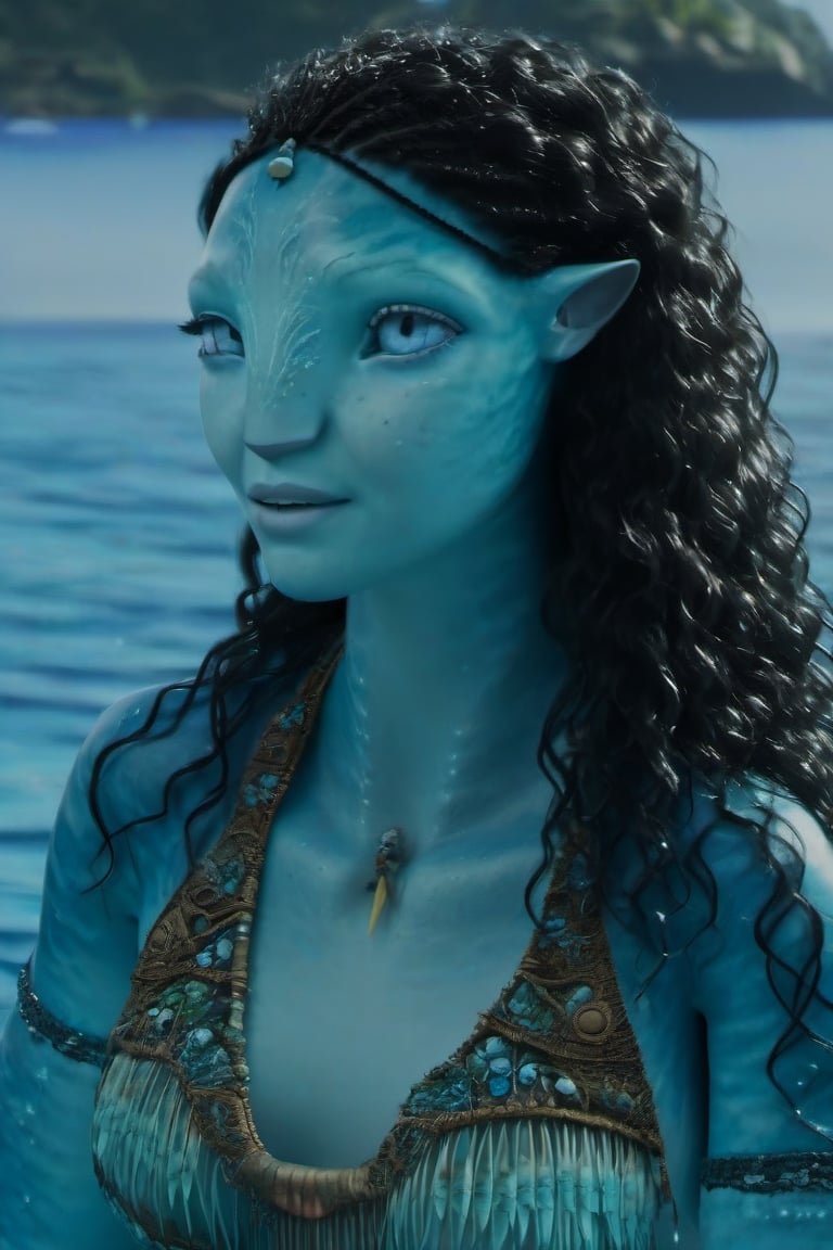 Beautiful na’vi, female, ((Jennifer Stone)), aqua skin, young, jewelry, black curly hair, blue eyes, ((sea:background)), ((closeup)), movie scene, freckles, detailed, hdr, high quality, movie still, visible tail, skin detail, ADD MORE DETAIL 