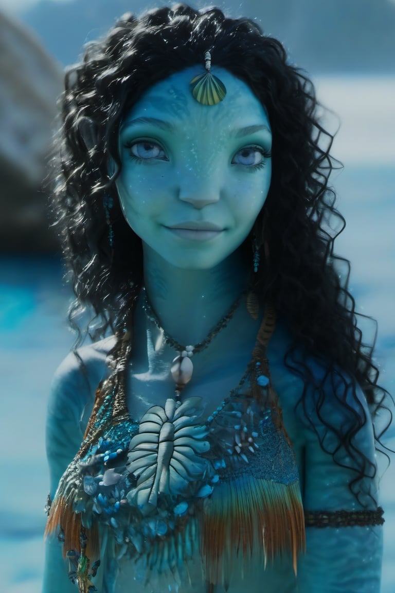 Beautiful na’vi, female, ((Vanessa Hudgens)), aqua skin, young, jewelry, black curly hair, blue eyes, ((beach:background)), ((closeup)), movie scene, freckles, detailed, hdr, high quality, movie still, visible tail, skin detail, ADD MORE DETAIL 