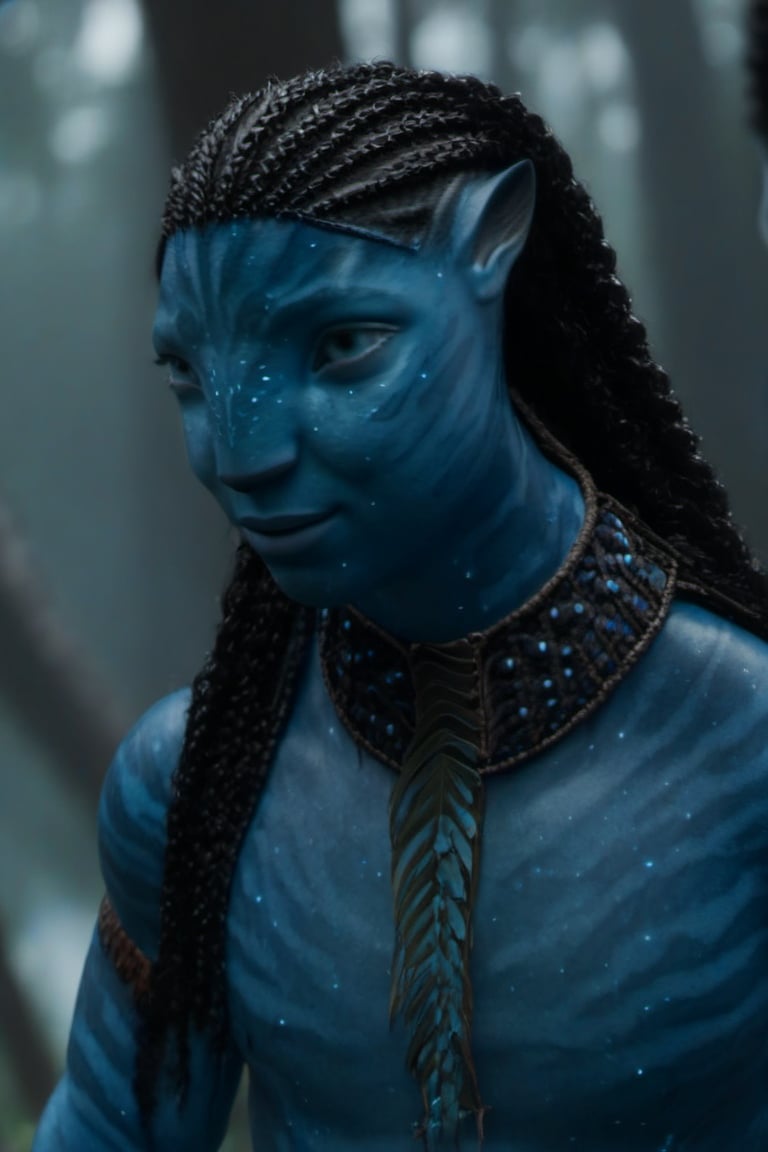 Hansome na’vi, ((Michael B. Jordan)), male, blue skin, wooden jewelry, black braids, ((forest:background)), ((closeup)), movie scene, freckles, detailed, hdr, high quality, movie still, visible tail, skin detail,ADD MORE DETAIL 