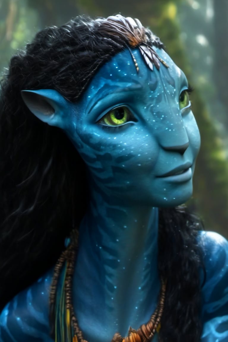 Beautiful na’vi, ((Neytiri)), female, dark blue skin, yellow eyes, wooden jewelry, black hair, ((forest:background)), ((closeup)), movie scene, freckles, detailed, hdr, high quality, movie still, visible tail, long ears, skin detail, ADD MORE DETAIL 