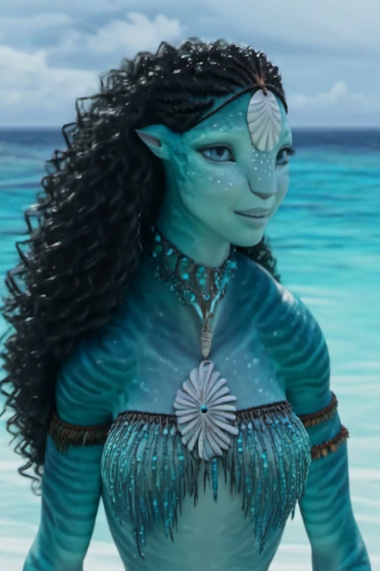 Beautiful na’vi, ((Emma D’Arcy)), female, aqua skin, black curly hair, jewelry, ((beach:background)), ((closeup)), ((bust)), movie scene, freckles, detailed, hdr, high quality, movie still, visible tail, skin detail, ADD MORE DETAIL