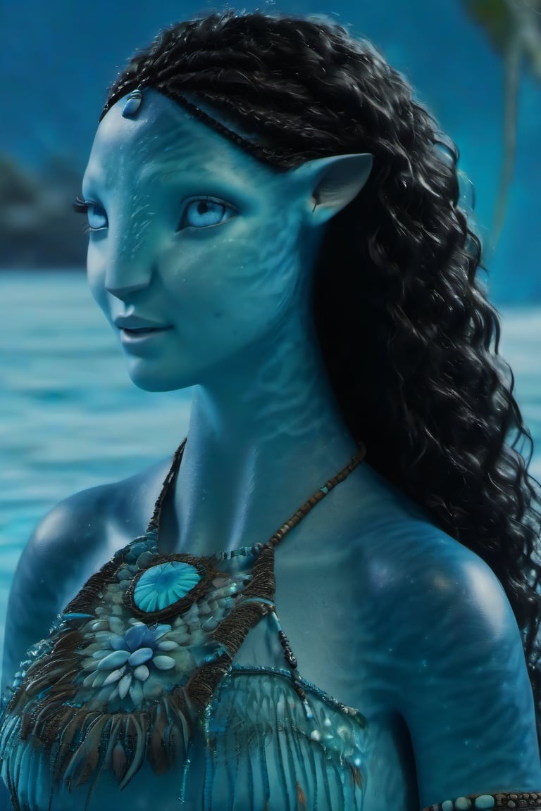 Beautiful na’vi, female, ((Jennifer Stone)), aqua skin, young, jewelry, black curly hair, blue eyes, ((beach bonfiire:background)), ((closeup)), nighttime, movie scene, freckles, detailed, hdr, high quality, movie still, visible tail, skin detail, ADD MORE DETAIL 