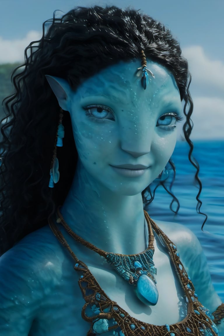 Beautiful na’vi, female, ((Jennifer Stone)), aqua skin, young, jewelry, black curly hair, blue eyes, ((sea:background)), ((closeup)), movie scene, freckles, detailed, hdr, high quality, movie still, visible tail, skin detail, ADD MORE DETAIL 