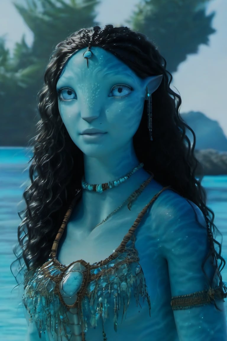 Beautiful na’vi, female, ((Jennifer Stone)), aqua skin, young, jewelry, black curly hair, blue eyes, ((beach bonfiire:background)), ((closeup)), nighttime, movie scene, freckles, detailed, hdr, high quality, movie still, visible tail, skin detail, ADD MORE DETAIL 